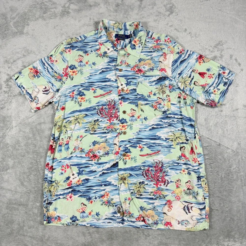 Polo Ralph Lauren Mens Large Button Up Shirt Hawaiian Tropical Print Viscose